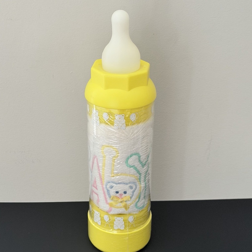 Vtg Silly Phillie Baby Bottle Coin Bank Gift Set Yellow Bib Washcloth Rattle Set - Picture 4 of 6